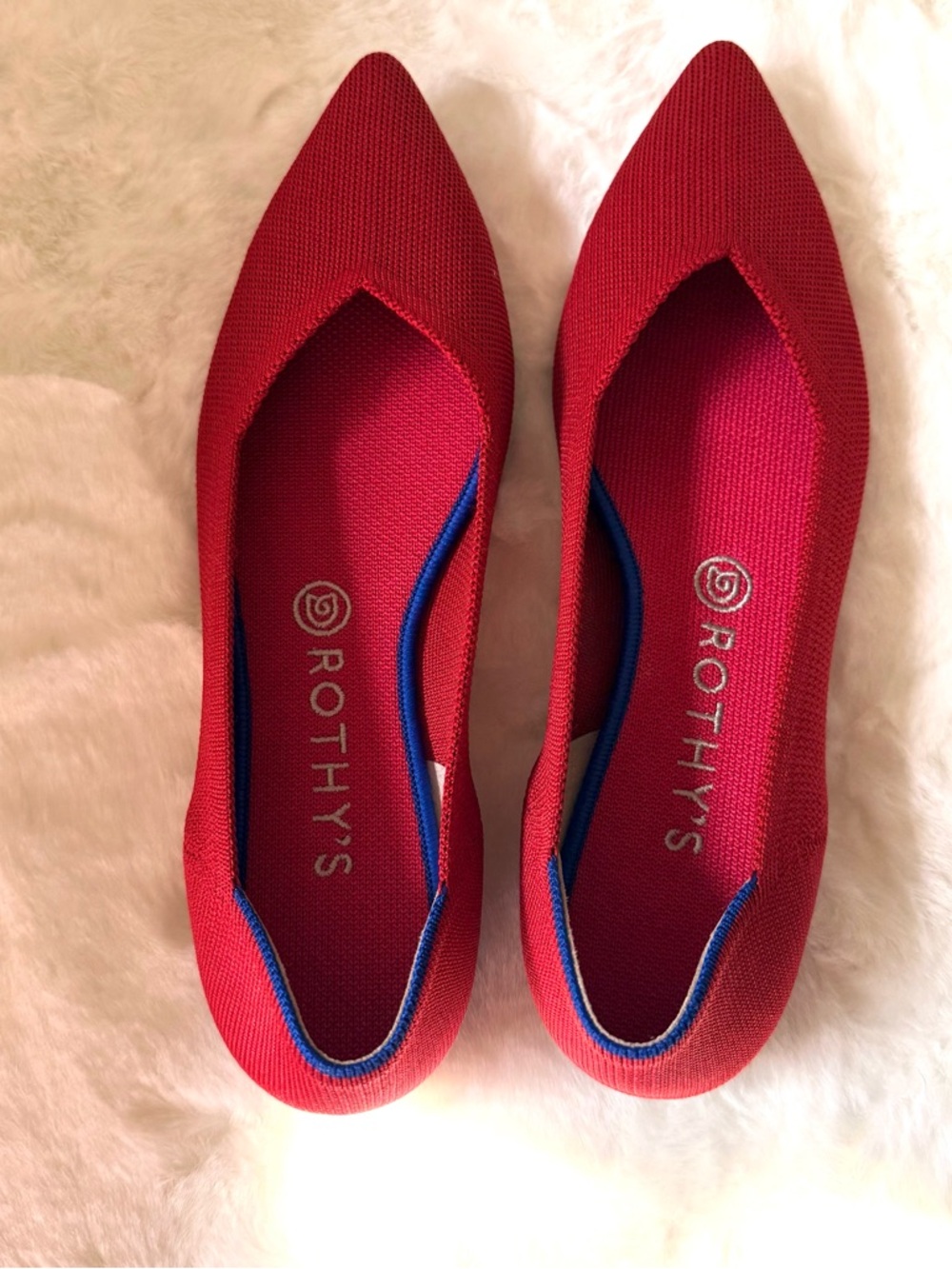 Rothy's Red Pointed Knit Flats with Blue Trim - Picture 2 of 10